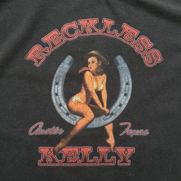 Vintage Y2K Reckless Kelly Austin Texas Band Tee Shirt Size L Black Pin Up Girl - Picture 2 of 7